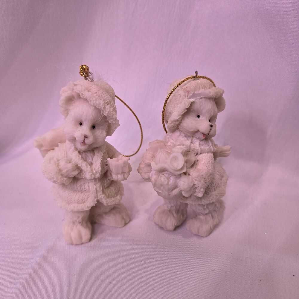 Vintage Flocked White Bear Christmas Ornaments Set of 2 Winter Holiday Figurines